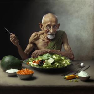 Ghandi eating vegetables